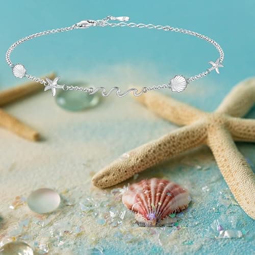 Ocean Wave Beach Shell Anklet 925 Sterling Silver Sea Starfish Seashell Ankle Bracelet Summer Jewelry Gifts for Women thumbnail 6