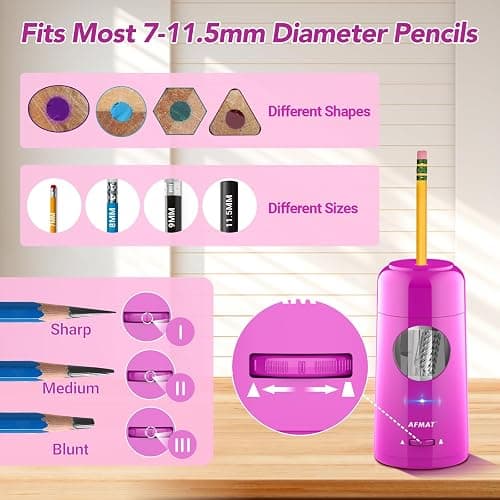 AFMAT Electric Pencil Sharpener, Rechargeable Fully Automatic Pencil Sharpener for Jumbo & Colored Pencils (7-11.5mm), Auto in/Out, Hands-Free, Portable for Home/Classroom/Office PSX6(Purple) thumbnail 3