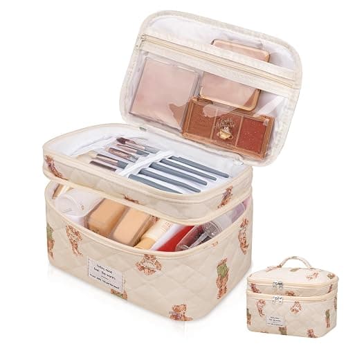 Makeup bag, Large Cosmetic Bag for Women Girls, Cute Quilted Makeup Bags, Floral Coquette Aesthetic Toiletry Bag, Travel Make Up Organizer Bag (Bear) - Image 1