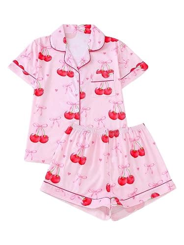 WDIRARA Women's 2 Piece Bow Cherry Print Pajama Set Short Sleeve Button Down Shorts Sleepwear Pjs - Image 1
