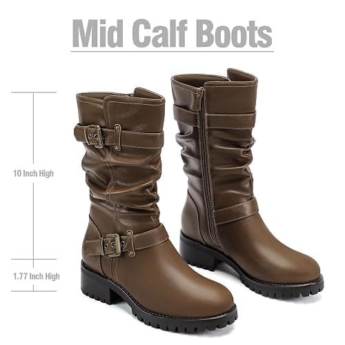 DOBOLIN Mid Calf Boots For Women with a Wide Toe Box Motorcycle Biker Riding Boots with Buckles Round Toe Dress Boots with Low Chunky Heel thumbnail 4