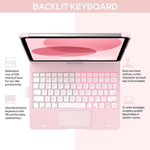 typecase Touch iPad 11th 10th Generation Case with Keyboard (11" 2025, A16 & 10.9" 2022) – 360° Rotatable, 11-Color Backlit, Multi-Touch Trackpad, Pencil Holder, Thin & Light – Light Pink thumbnail 3
