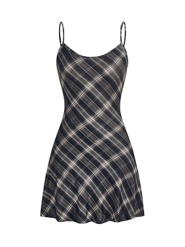 WDIRARA Women's Plaid Spaghetti Strap Cami Dress Sleeveless Flared Hem Mini Dress - Image 1