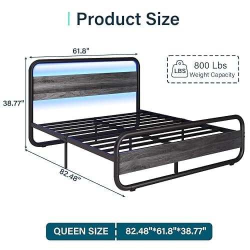 Catrimown Queen Bed Frame with LED Lights, Heavy Duty Metal Rustic Platform Bed Frame Queen Size, with Headboard, Under Bed Storage, Noise Free, No Box Spring Needed, Wash Gray thumbnail 2