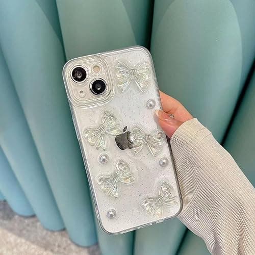 Ownest Compatible with iPhone 12 Case with Clear Cute 3D Bowknots and Pearl Aesthetic Patterns for Women Teen Girls, Glitter Sparkle Back and Full Lens Protection Protective Phone Case Cover + Chain thumbnail 4