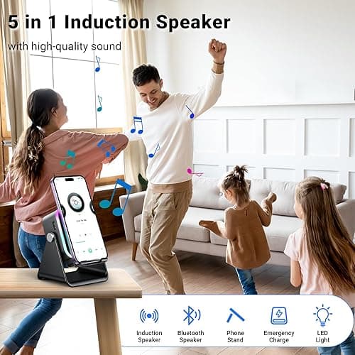 Induction Speaker with Phone Stand 5 in 1 Wireless Induction Bluetooth Audio for iPhone Android Phone Speakers Amplifier with Rechargeable Colorful Light, Birthday Gifts for Men Women Teens (Black) - Black thumbnail 3