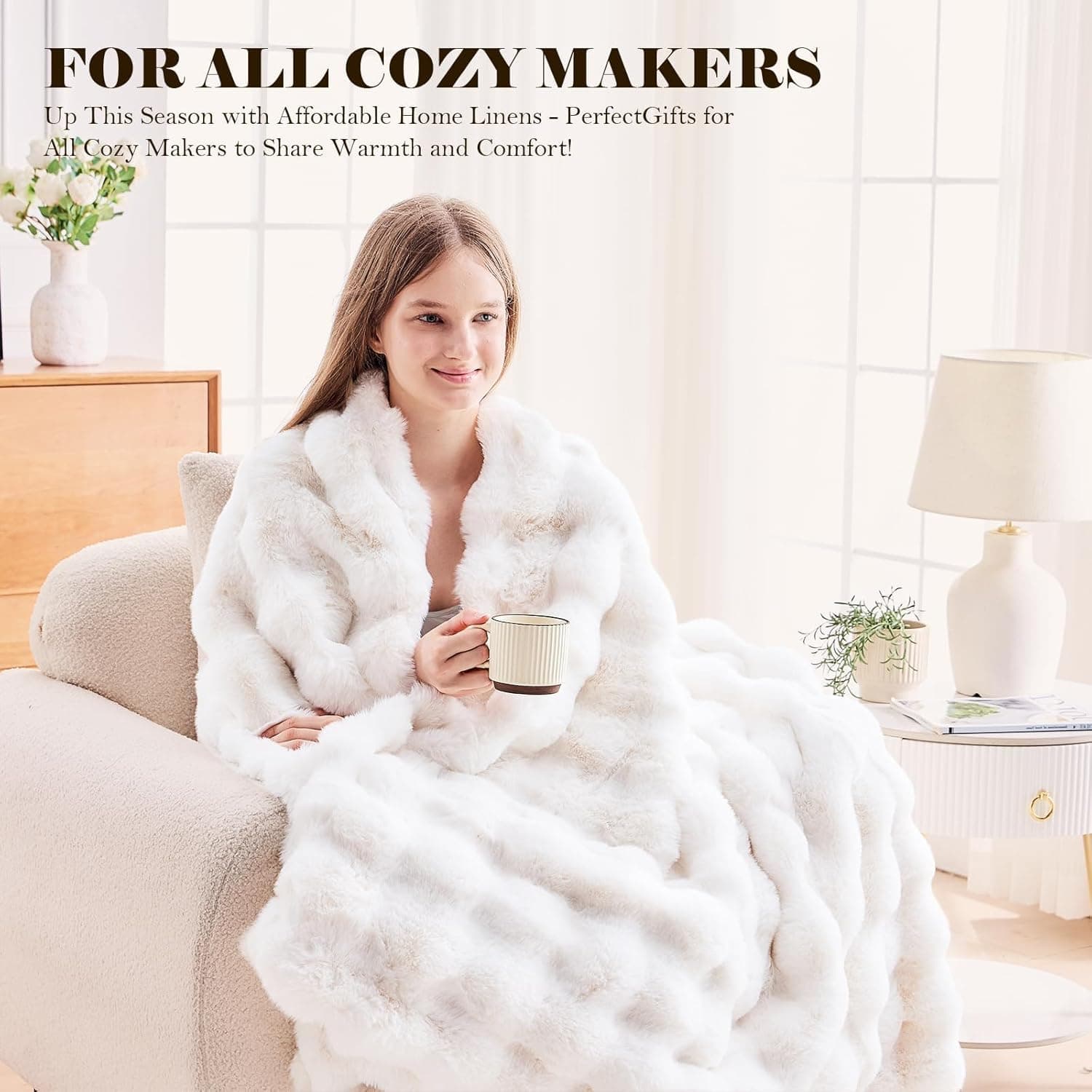 Ultra Soft Cozy Faux Fur Throw Blanket, Fuzzy Plush Thick Bubble Blanket, Luxury Fluffy Blanket for Couch, Sofa, Bedroom, and Living Room, Gifts for Women and Girls, 50x60 Inches, Cream White thumbnail 9