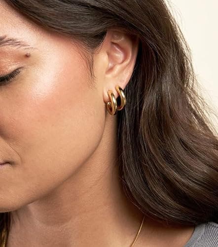 Gold Hoop Earrings Set 14k Real Gold Plated Huggie Earrings Hypoallergenic Chunky Twisted Thick Jewelry for Multiple Piercing Christmas Gift for Women thumbnail 3