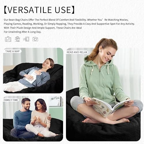 Bean Bag Chair for Adults 3FT,Soft Removable Cover for Teens/Girls Bedroom,Fluffy Giant Round Floor Beanbag Lounger Chairs (No Filler,Black) thumbnail 6