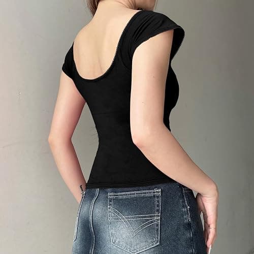 Women Y2K Fairy Grunge Top Cap Sleeve Square Neck Lace Brim Bow Tie Front Babydoll Tops Baby Tees thumbnail 3