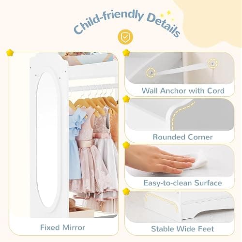 Curipeer Kids Dress up Storage with Mirror, Kids Wardrobe with 3 Hooks, Kids Closet for Girls Boys, Open Hanging Armoire Costume Organizer for Bedroom, Preschool, Classroom, White thumbnail 6