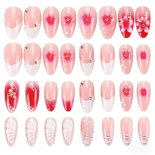 24Pcs Pink Press on Nails Medium Almond Fake Nails with 3D Flower Designs Stick on Nails Pink Gradient False Nails Spring Summer Floral Acrylic Nails Starfish Reusable Glossy Acrylic Nails for Women thumbnail 5