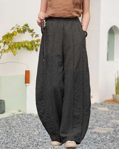 IXIMO Women's Linen Harem Pants Vintage Wide Leg Lantern Front Raw Frayed Patchwork Baggy Boho Lounge Trousers thumbnail 3