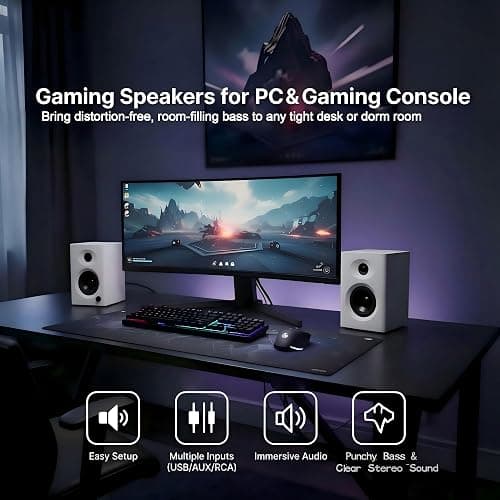 NSY Audio Powered Bluetooth Bookshelf Speakers for Mac/PC Gaming & Music |  Max 60W Active Studio Monitor with Bass & RCA/AUX Input, Wireless Audio for Desktop Computer, Laptop, White Pair thumbnail 7