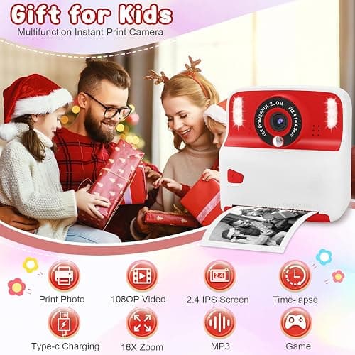 Amzelas Kids Instant Print Camera, Portable Toys Camera for Toddler, Print Black & White Photos Instantly, Ideal Birthday for Boys & Girls Ages 3–12 (White&Red) thumbnail 2