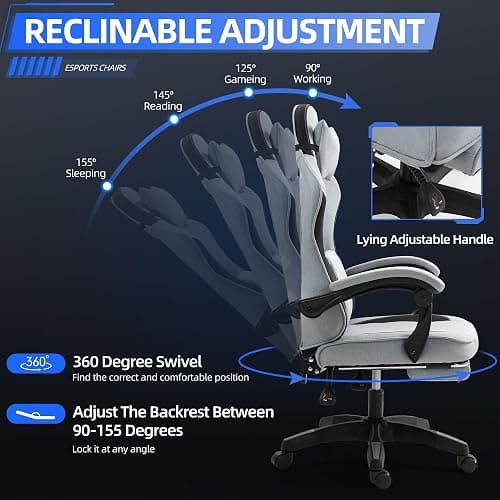 Fabric Massage Gaming Chair, Ergonomic Computer Chair, Video Game Chair, Massage Office Chair, Desk Swivel Chair, Adjustable, Reclining, Footrest, Massage Cushion, Fabric Material, Grey, New thumbnail 5