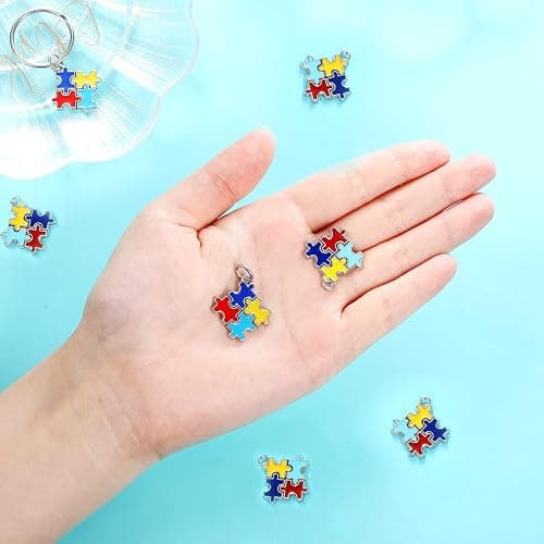 Hicarer 48 Pieces Autism Charms Pendants with 48 Pieces Semi-opening Rings for Puzzle Jewellery Key Chain Necklace Bracelet Earring Crafts Making Supplies thumbnail 6