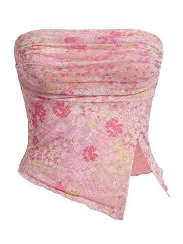 Milumia Women Floral Summer Mesh Strapless Ruched Tube Top Y2k Going Out Tropical Hawaiian Crop Tank Tops - Image 1