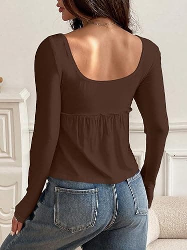 AKLOPVII Women Cute Picot Trim Peplum Crop Babydoll Tops Y2k Front Button Down Square Neck Long Sleeve Cropped T Shirts thumbnail 4