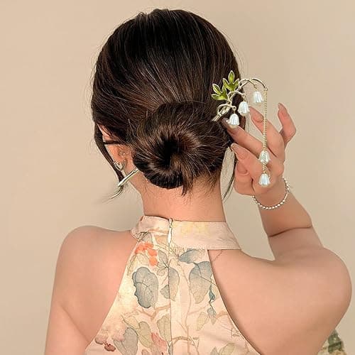 2Packs Lily of the Valley Chinese Hair Sticks for Buns, Pearl Flower Vintage Metal Hair Chopsticks for Women and Girls Dangle Tassel Pendant Hair Accessories Hanfu Handmade Decor Hairpin (white) thumbnail 6