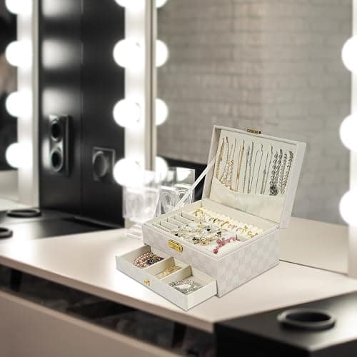 GUOER Jewelry Box for Women Girl Wife - Large PU Leather Jewelry Organizer Storage Case with Two Layers Display for Earrings Bracelets Rings Watches (Light Khaki) thumbnail 7