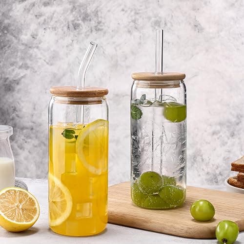 Glass Cups “20oz”,Glass Cups with Lids and Straws 4 pcs-DWTS Coffee Cups,Drinking Glasses Set,Glass Tumbler with Straw and Lid Gift 2 Cleaning Brushes - 1 - 20oz Clear thumbnail 7