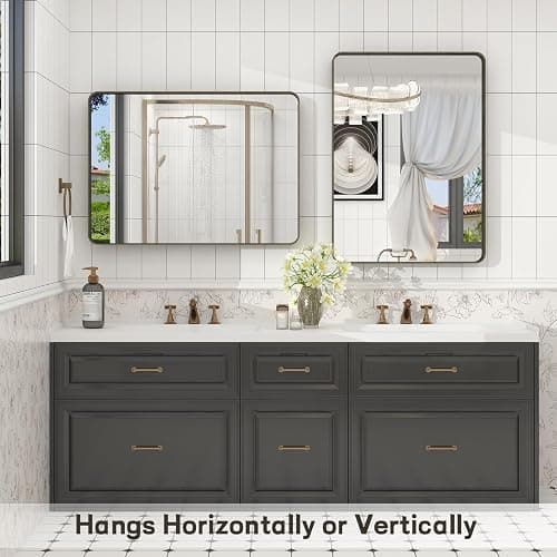 VANLIO 22x30 Inch Bronze Framed Bathroom Mirror, Brushed Bronze Metal Vanity Mirror, Bronze Rectangle Mirror, Rounded Corner, Tempered Glass, Anti-Rust, Shatterproof (Horizontal/Vertical) thumbnail 5