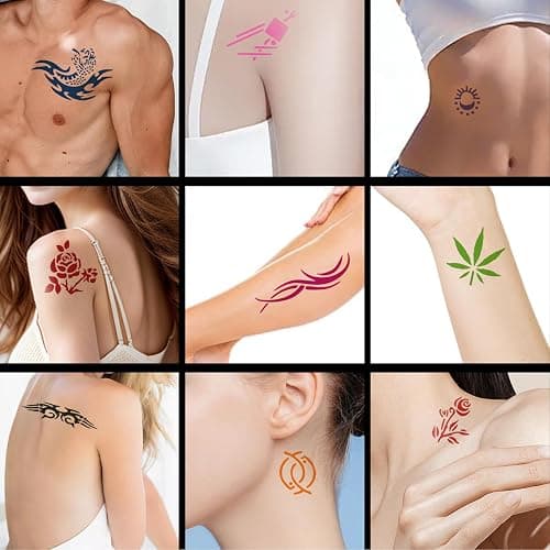Temporary Tattoo Kit with 24 Bottles 12-Color Ink, 155 Tattoo Stencils | DIY Fake Tattoos for Adults, Men, Women, Teens, Perfect for Parties, Festivals, Body & Hand Painting thumbnail 7