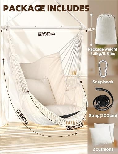 Chihee Hammock Chair Hanging Swing Max 500 Lbs 2 Cushions Included Metal Spreader Bar with Anti-Slip Grooves Portable Hanging Chair Side Pocket Large Macrame Bohemian Chair Indoor Outdoor thumbnail 6