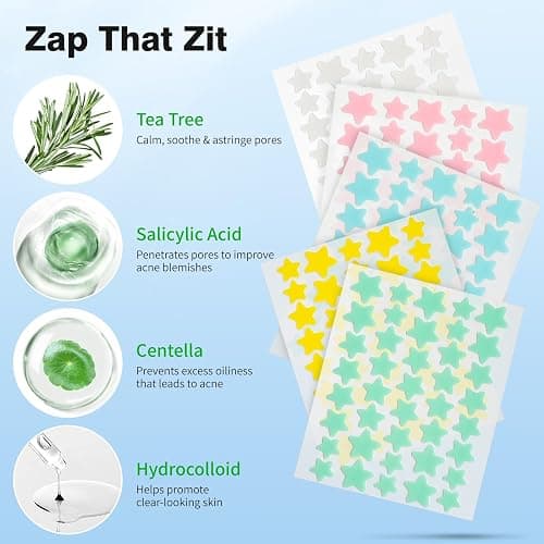 QUSTERE Pimple Patches for Face, Hydrocolloid Acne Patches, Cute Star Zit Covers, Colorful Spot Stickers with Tea Tree, Salicylic Acid & Cica Oil| 3 Sizes (10mm, 12mm & 14mm) |400 Count thumbnail 4