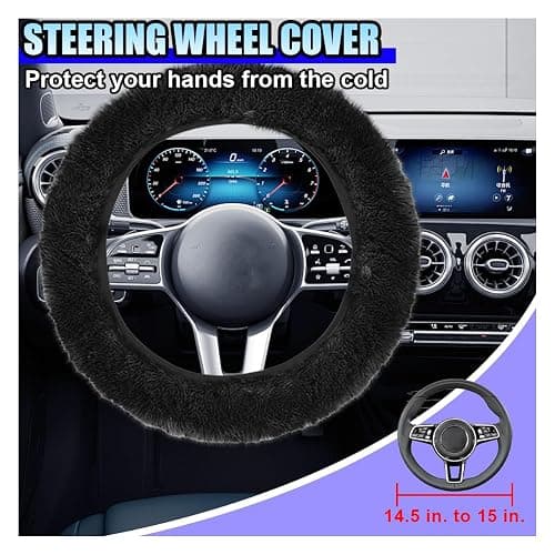 10PCS Fluffy Car Accessories Set, Furry Steering Wheel Cover with Warm Fuzzy Gear Shift Cover Ball Keychain Handbrake Cover Console Seat Belt Shoulder Pads & Diamond Ignition Ring Cup Mats (Black) thumbnail 2