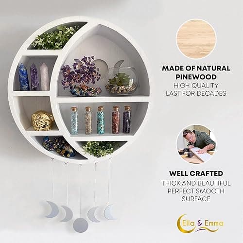 Ella & Emma 5-Shelf Pine Wooden Crescent Moon Crystal Shelf - Bohemian Style, Wall Mount, Bedroom, Living Room, Office thumbnail 4