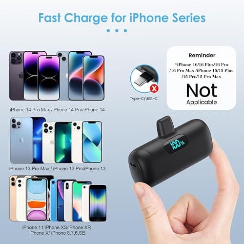 Mini Portable Charger for iPhone,Upgraded 5000mAh PD Fast Charging Battery Pack,LCD Display Cute Power Bank Portable Phone Charger for iPhone 14/14 Pro Max/13/13 Pro/12 Pro/11/XS/XR/X/8/7/6-Black thumbnail 2