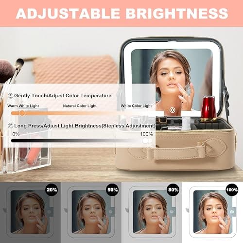 Mocado Travel Makeup Bag with LED Lighted Mirror,Travel Makeup Organizer,Makeup Case with 3 Color Lighted Setting and 10x Magnifying Mirror,Portable Storage and Adjustable Dividers Makeup Box(Khaki) thumbnail 4