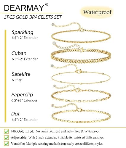 DEARMAY Waterproof Gold Plated Bracelets Set for Women Trendy, Dainty 14K Gold Jewelry Fashion Stackable Tennis Beaded Figaro Herringbone Paperclip Link Bracelet Pack Stack Gifts for Women thumbnail 6
