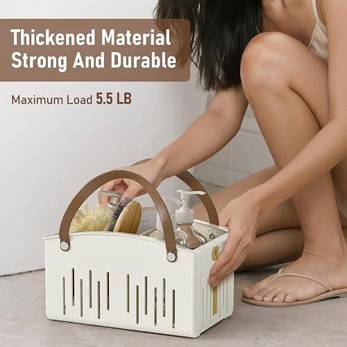 Delamu Portable Shower Basket Caddy with Double Handle Foldable Dry Wet Separation Design 11.0 × 7.1 × 6.5in, Travel, Camping, Gym, College Bathroom Tote, White, Ideal Christmas Gifts for Girls thumbnail 5