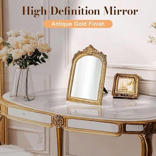 YUSONG Vintage Makeup Desk Mirror - 7" Gold Antique Mirror for Tabletop Resin Frame Decorative Wall Art for Living Room, Bedroom Decor, Vanity Table thumbnail 4