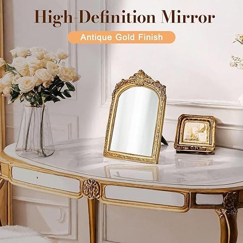 YUSONG Vintage Makeup Desk Mirror, Antique Gold Arched Tabletop Mirror with Resin Frame - Decorative Wall Art for Living Room, Bedroom Decor, Retro Table 9.3" x 5.7" thumbnail 4