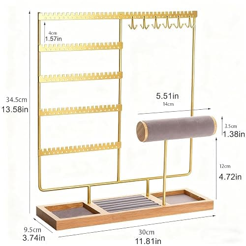 YDEVERLIN Bracelet Display Stand Necklaces Holder, 5 Tiers Jewelry Organizer and Storage Rack with Velvet Slot and Wooden Base, for Women Bangles Watches Ring Earrings (Golden 1) thumbnail 2