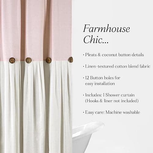 Lush Decor Linen Button Shower Curtain, 72" W x 72" L, Blush & Off White - Pink Bathroom Curtain - Fabric Shower Curtains - Farmhouse Bathroom Decor thumbnail 7