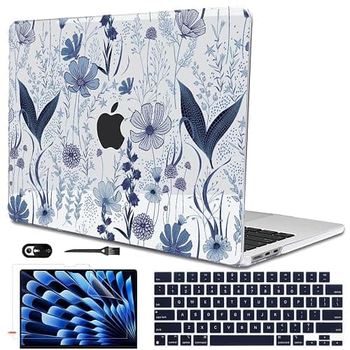 LCMOCICO Compatible with MacBook Air 13 inch Case M5 2026 2025-2022 A3449 M4 A3240 M3 A3113 M2 A2681, Plastic Hard Shell Cover for MacBook Air 13.6 inch M5 Case+Keyboard Skin, Navy Blue Wild Flowers - Image 1