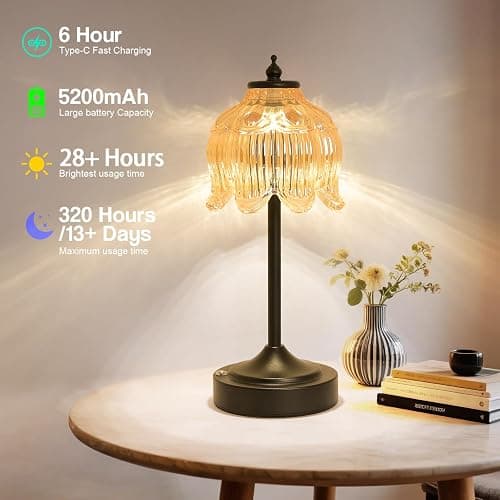 Crkwos Cordless Table Lamp, Rechargeable Amber Glass Lotus Flower Lamp | 5200mAh touch lamp with 3 color modes and stepless dimming, battery operated lamp for nightstands and kitchen counters thumbnail 4