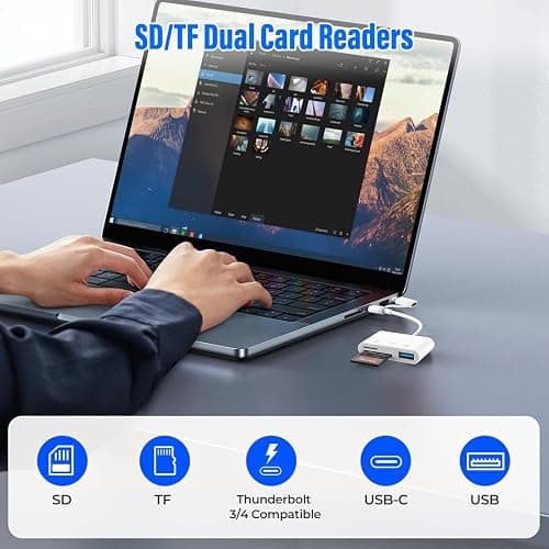 SD Card Reader for iPhone iPad, Built-in Lightning USB-C Dual Port SD Card Adapter with SD MicroSD USB 3 Slots Trail Camera Memory Card Viewer, No App Required, Plug and Play thumbnail 3
