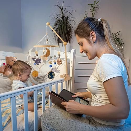 QOOWFEANIG Mobile for Crib,Baby Crib Mobile Arm 27.17inch,Strong Hold Anti Slip Attachment Clamp,Wooden Cloud Design Detachable Adjustable Holder Cute Cot Bed Bell Wind Chimes Hanger Bracket thumbnail 2