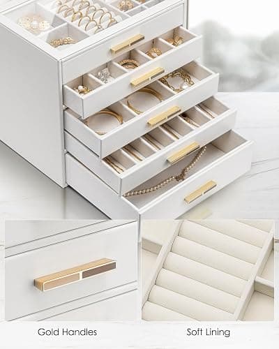 Vlando 5 Layer Jewelry Box for Women, Glass Lid Jewelry Organizer with 5 Drawers for Necklaces Rings Earrings Bracelets - White thumbnail 6