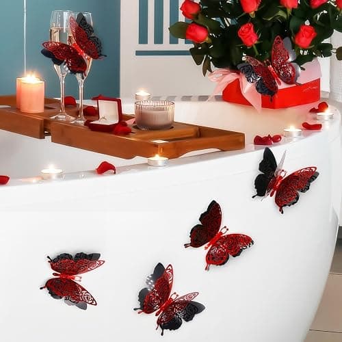Rchovsam 3D Butterfly Wall Decor Party Rose Butterfly Sticker Decoration 3.85x4.6 inche Red Black Double Deck Removable Sticker for Birthday Holiday Party Decoration-6pcs thumbnail 6