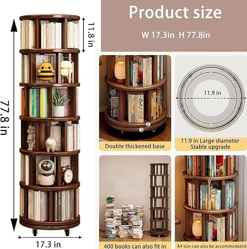 6-Tier Rotating Bookshelf Tower, 360° Solid Wood Rotating Bookcase with Wheels, Vertical-Movement Corner Bookshelves, Spinning Bookshelf for Small Spaces, Bedrooms, Offices, and Kids Room (Walnut) thumbnail 2