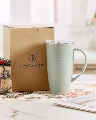 famiware Jupiter Large Coffee Mug, 20oz Coffee Mug with Lid, Ceramic Mugs Set of 2, Cup Set with Handle for Latte, Tea, Cocoa, Milk, Home & Office, Microwave and Dishwasher Safe, Light Green thumbnail 6