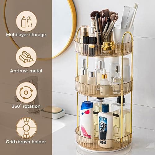 360° Rotating Makeup Organizer, Upgraded 3 Tier Skincare Perfume Organizers for Women, Bathroom Organizer Countertop, Clear Cosmetic Dresser Organizer with Makeup Brush Holder, Sink&Counter(Amber) thumbnail 5