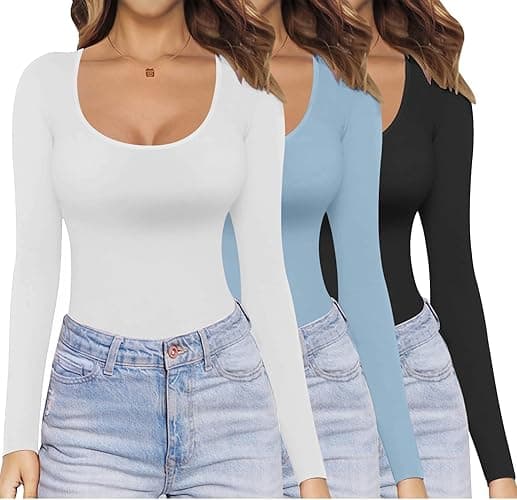 Ekouaer Womens 3 Pack Long Sleeve Shirts Scoop Neck Tops Stretch Fitted Undershirt Lightweight Basic Thermal Tee XS-XXL